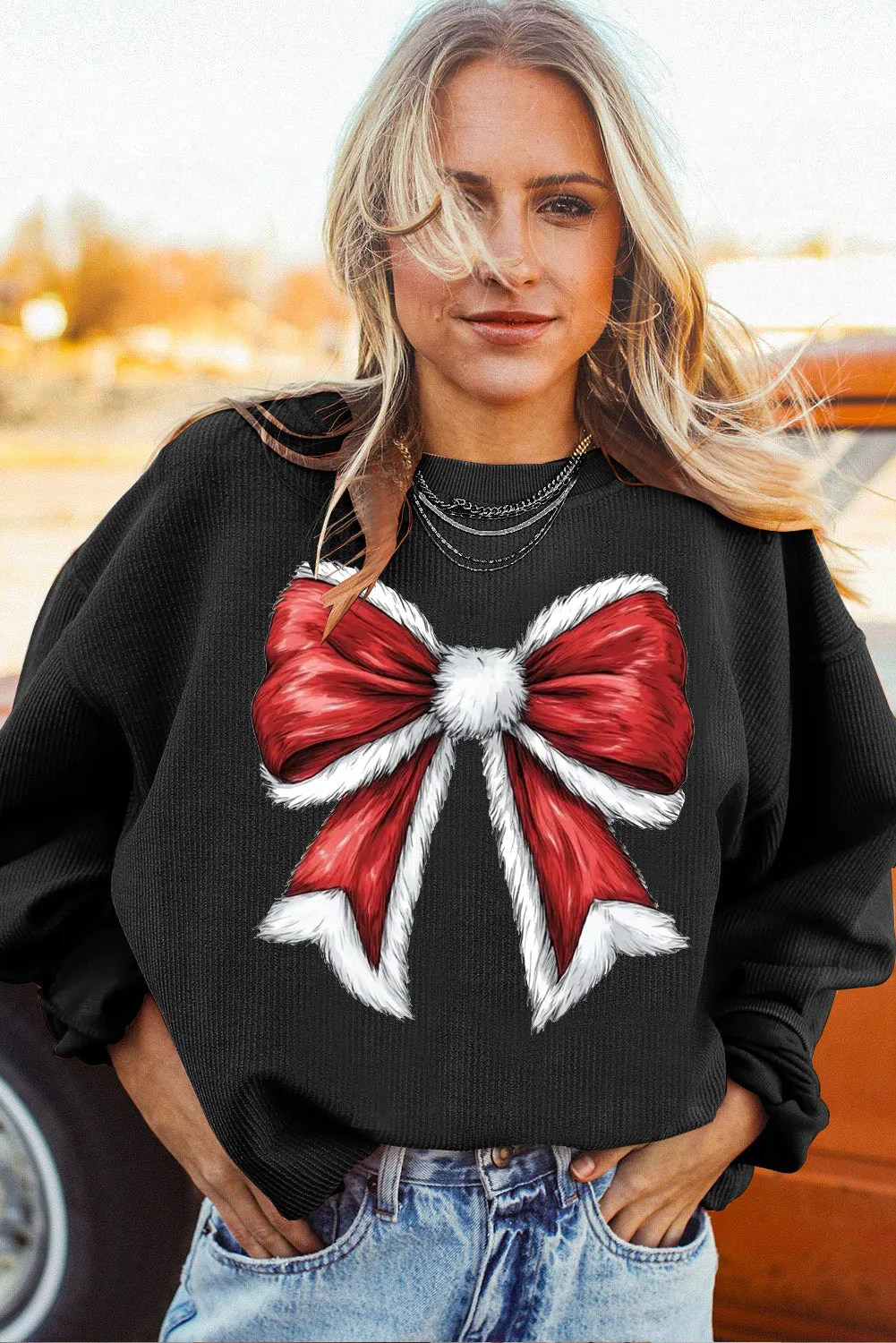 Christmas round neck big bow pattern pullover sweater