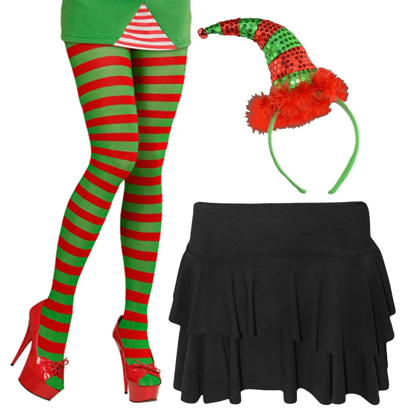 Christmas Santa Little Helper Tights Elf Sequin Headband Rara Skirt 3 Pc Costume