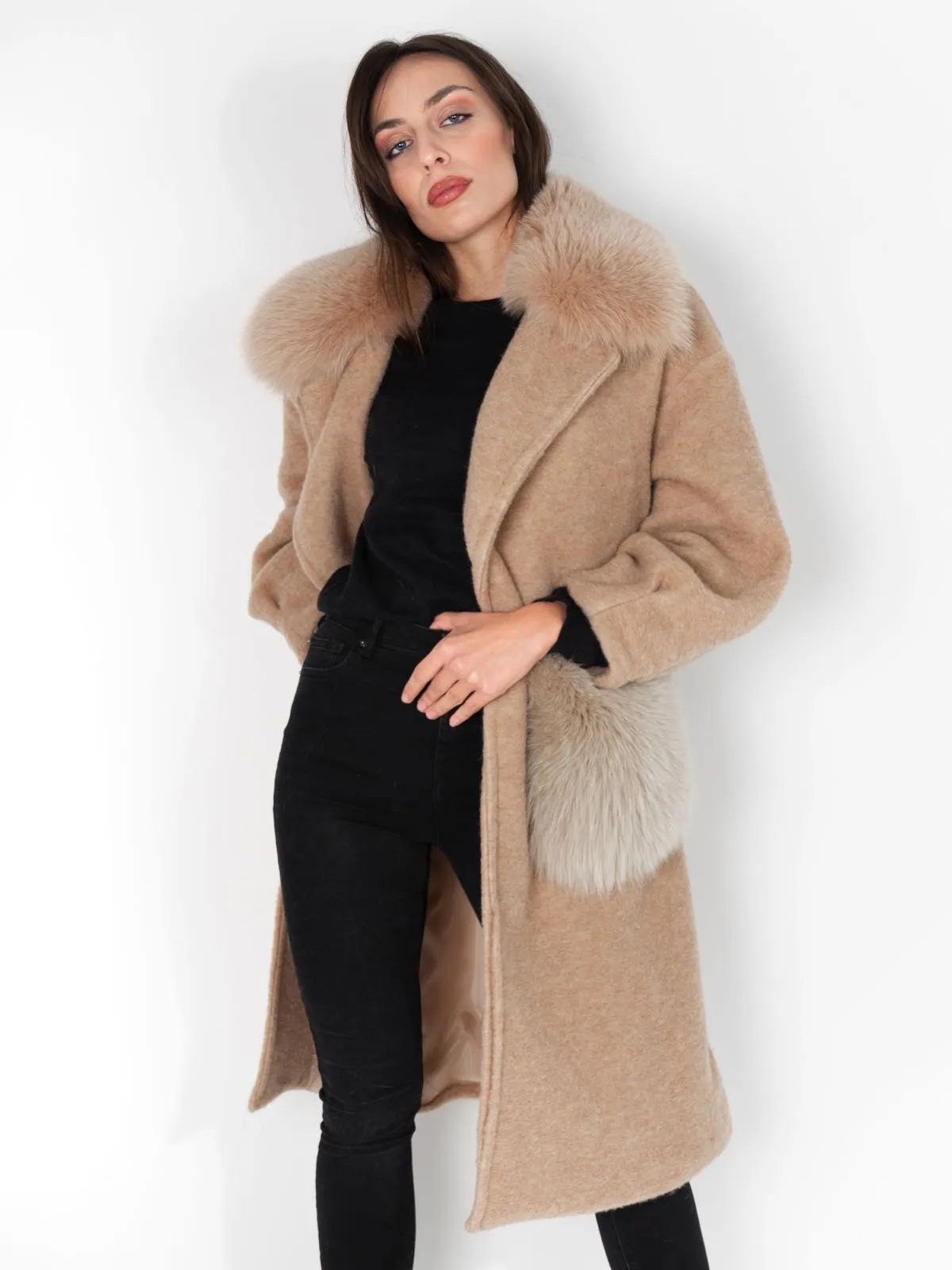 Coat fox Pockets And Neck Camel