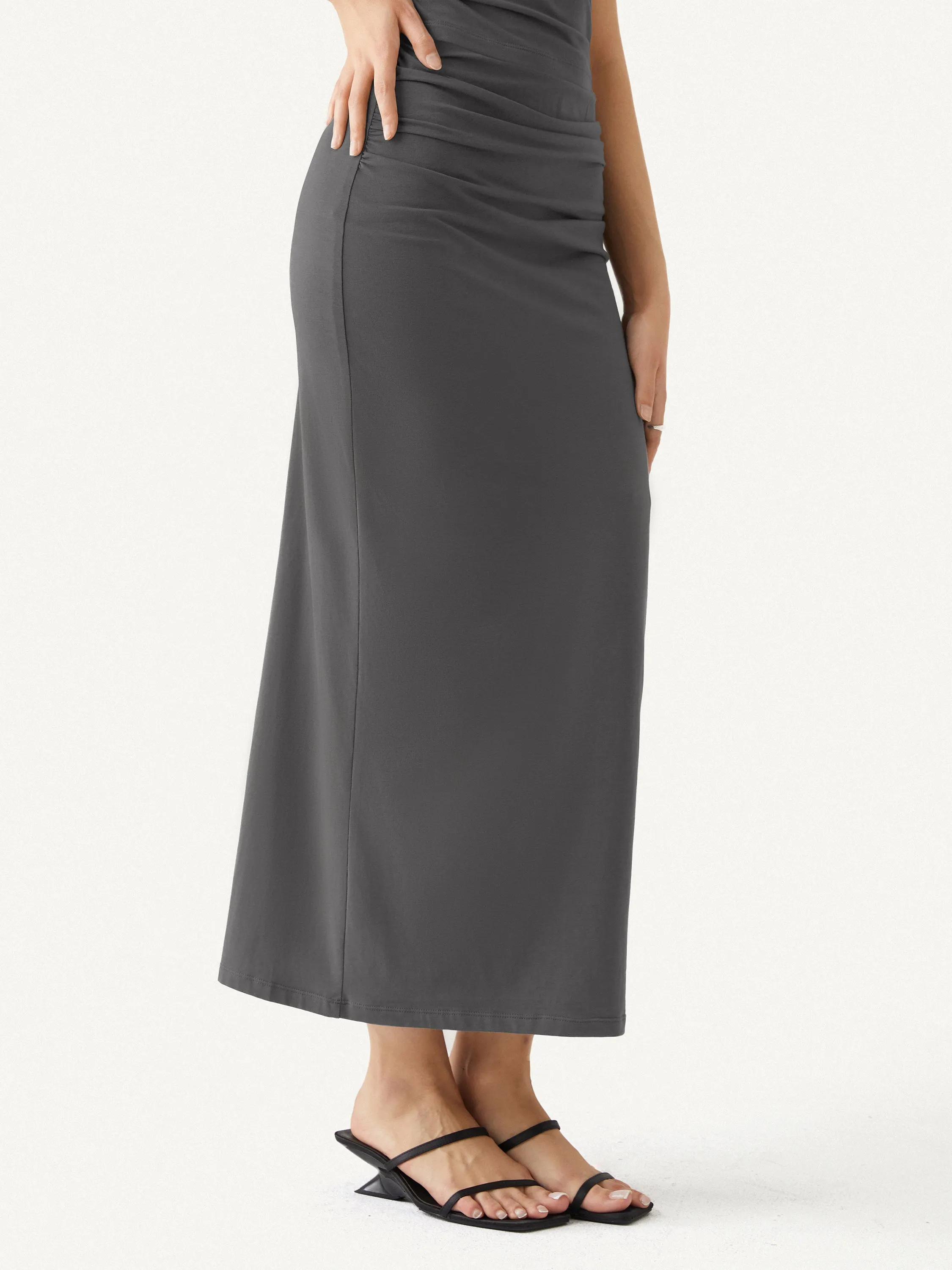 Cotton Jersey Ruched Side Pencil Maxi Skirt