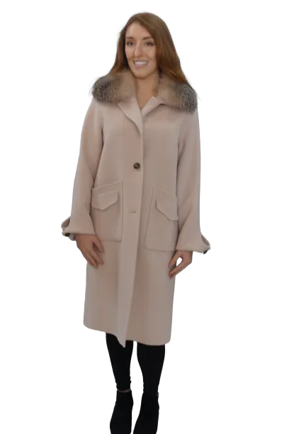 Cream Wool Coat with Crystal Fox Collar