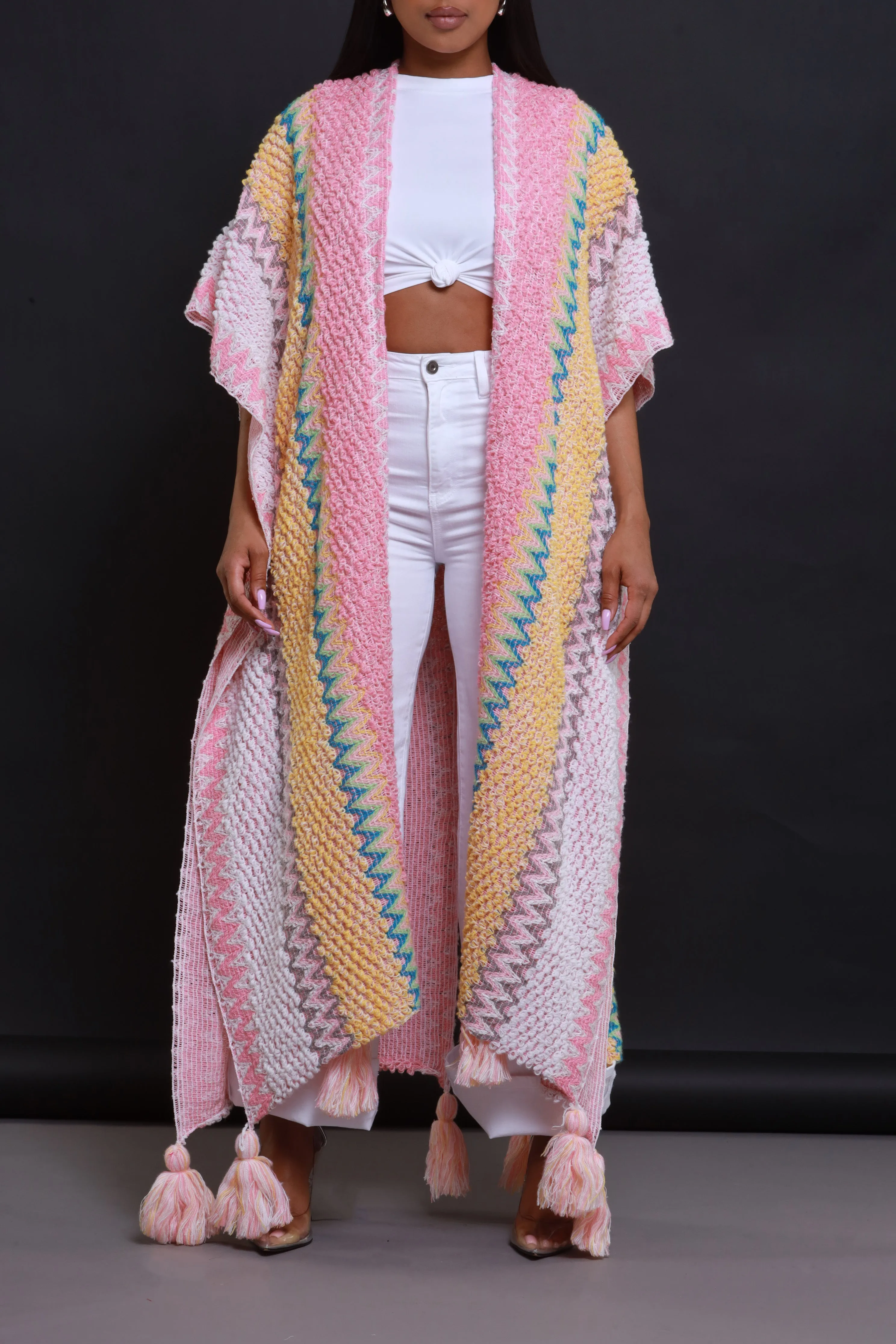 Create Change Longline Knit Cardigan - Pink/Yellow Multicolor