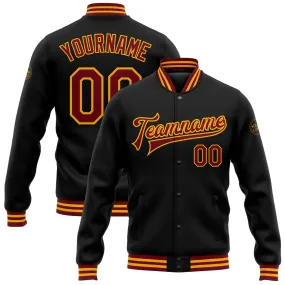 Custom Black Crimson-Gold Bomber Full-Snap Varsity Letterman Jacket