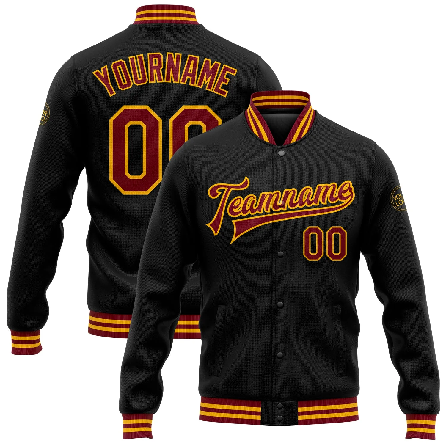 Custom Black Crimson-Gold Bomber Full-Snap Varsity Letterman Jacket