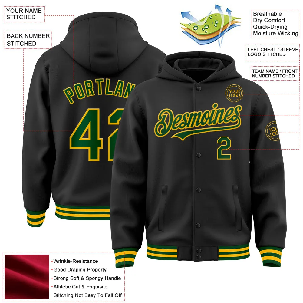 Custom Black Green-Gold Bomber Full-Snap Varsity Letterman Hoodie Jacket