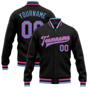 Custom Black Light Blue-Pink Bomber Full-Snap Varsity Letterman Jacket