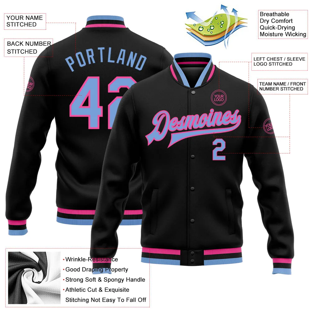 Custom Black Light Blue-Pink Bomber Full-Snap Varsity Letterman Jacket