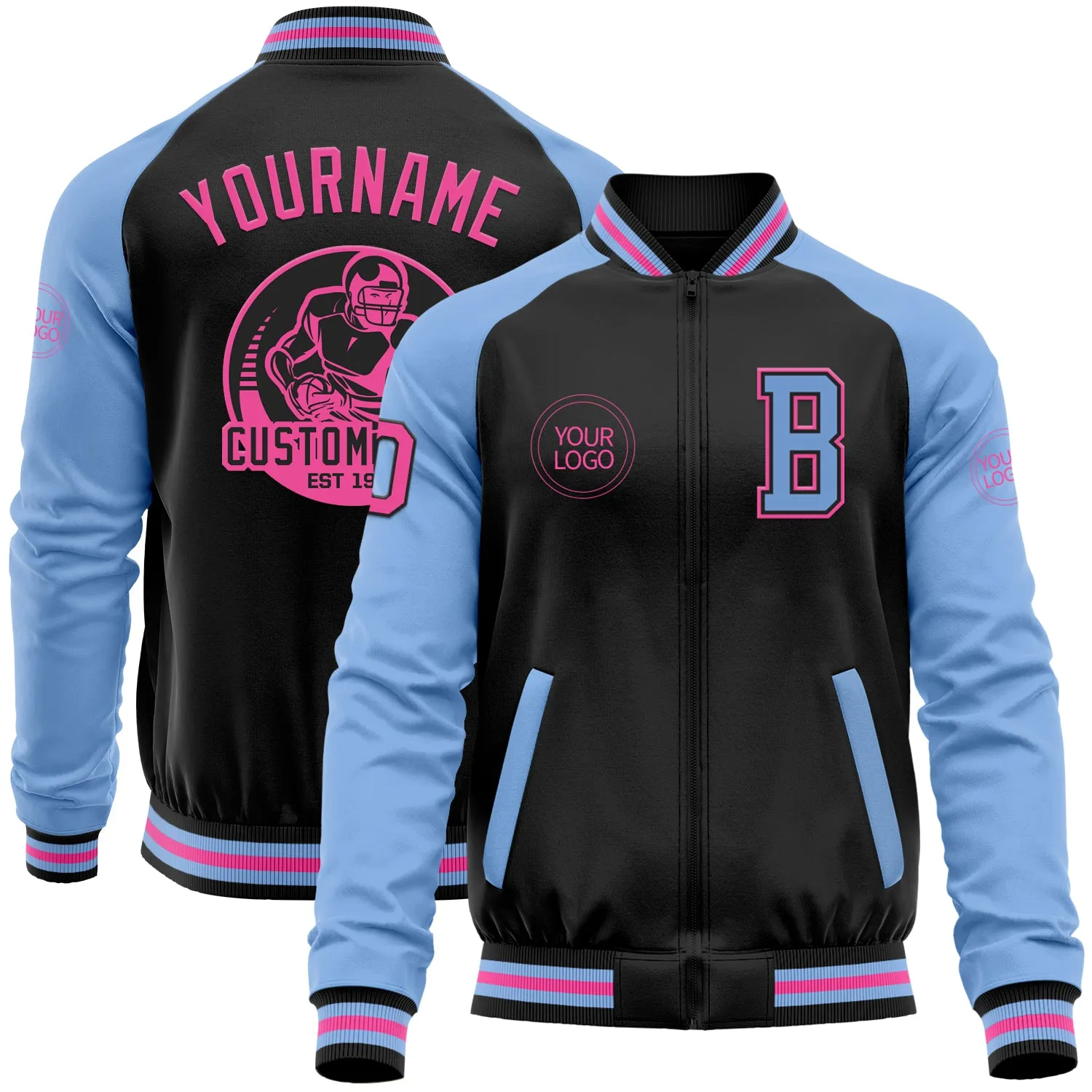 Custom Black Pink-Light Blue Bomber Varsity Letterman Two Tone Zipper Jacket