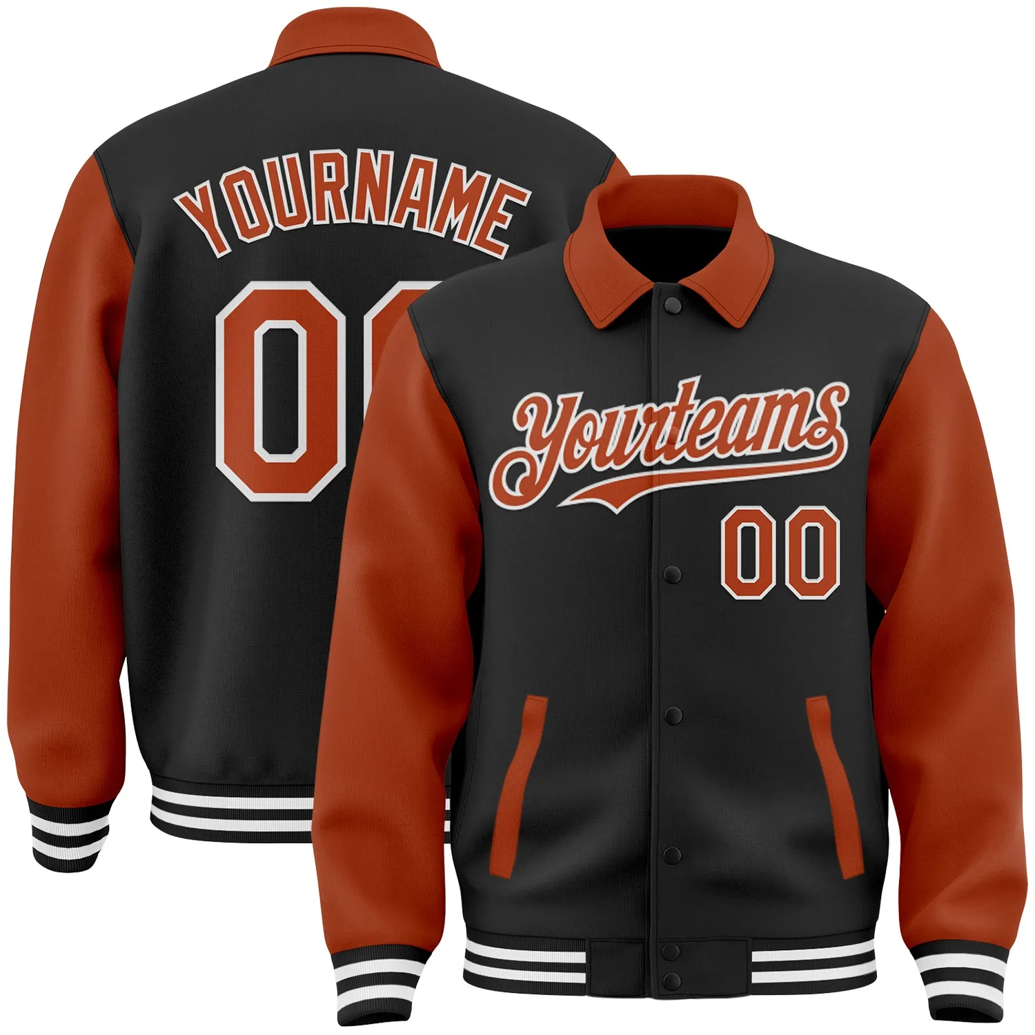 Custom Black Texas Orange-White Bomber Full-Snap Varsity Letterman Two Tone Lapel Collar Byron Jacket