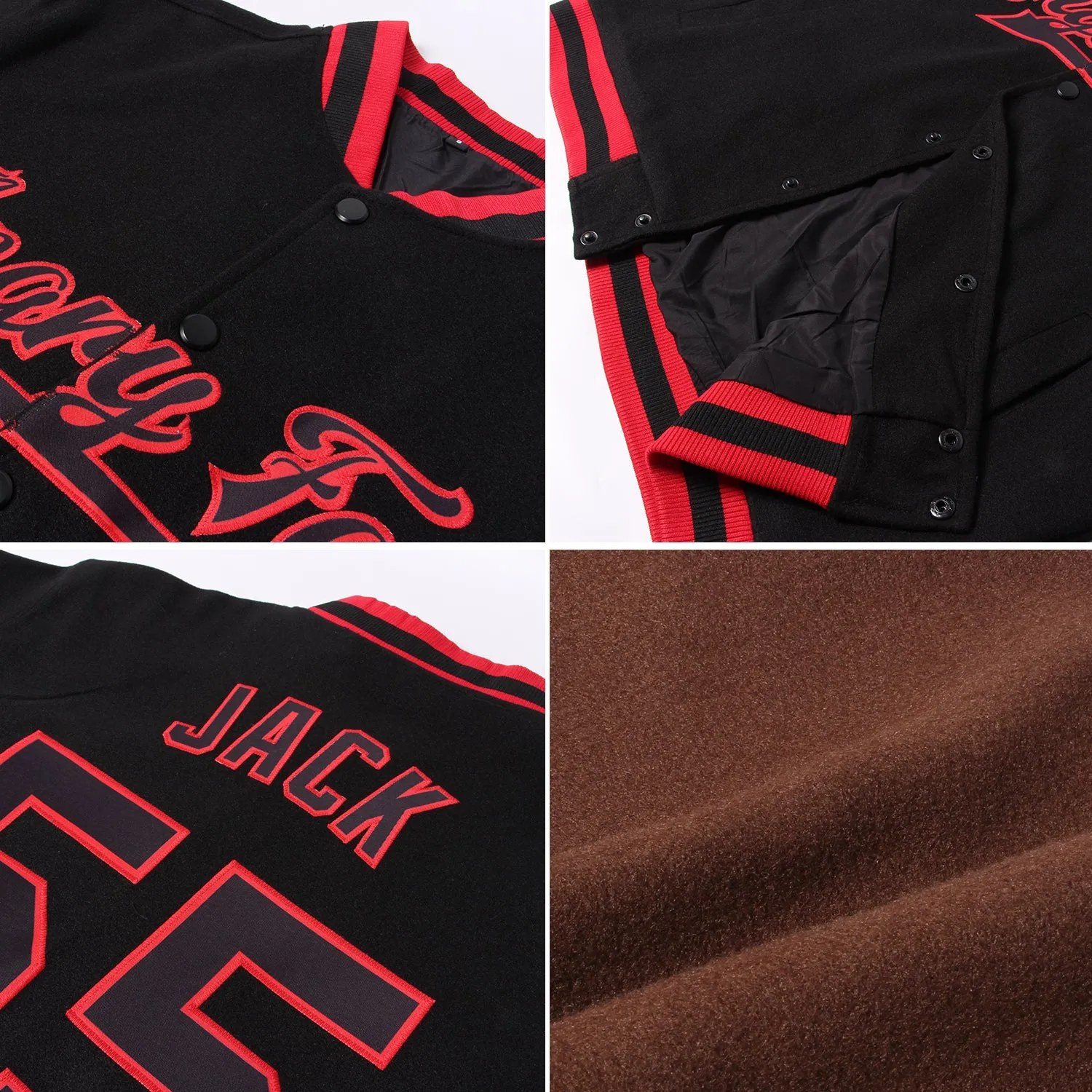 Custom Brown White-Red Bomber Full-Snap Varsity Letterman Jacket