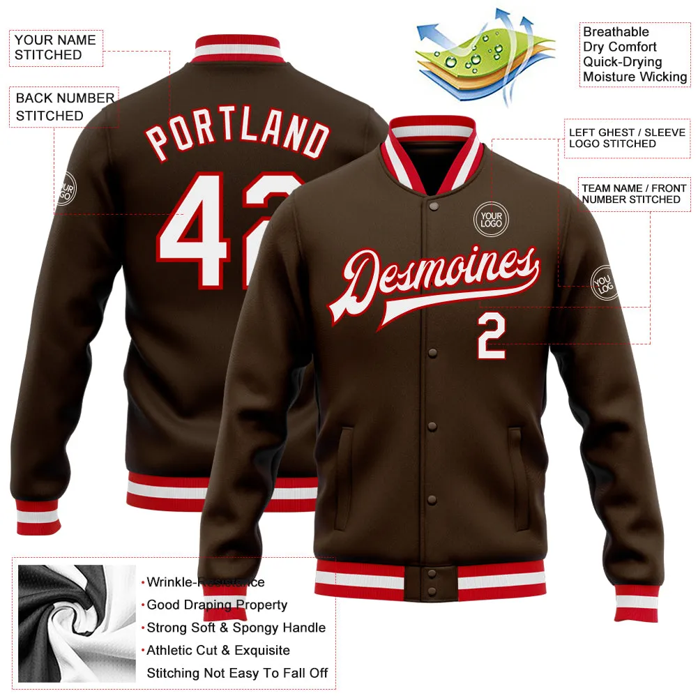 Custom Brown White-Red Bomber Full-Snap Varsity Letterman Jacket