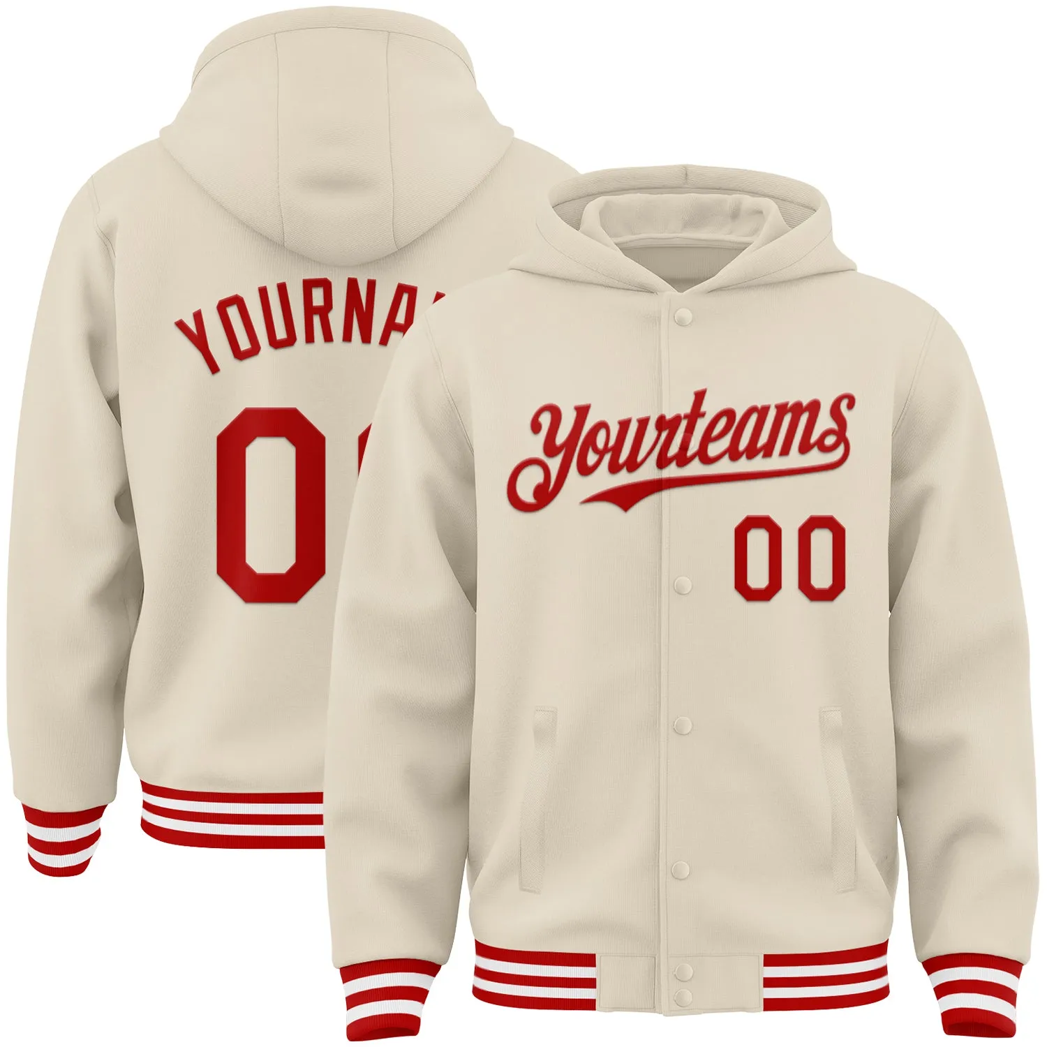 Custom Cream Red-White Bomber Full-Snap Varsity Letterman Hoodie Jacket