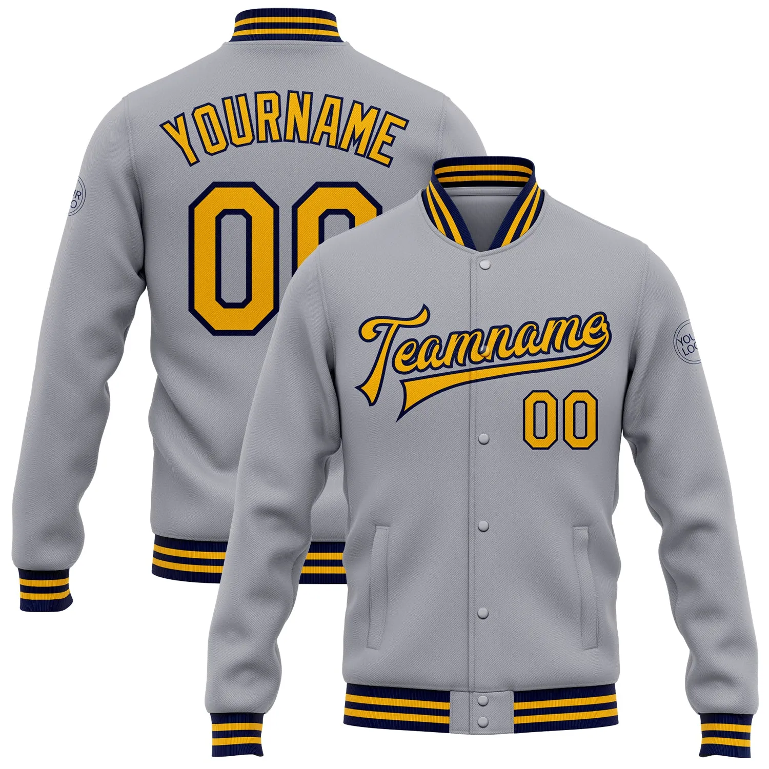 Custom Gray Gold-Navy Bomber Full-Snap Varsity Letterman Jacket