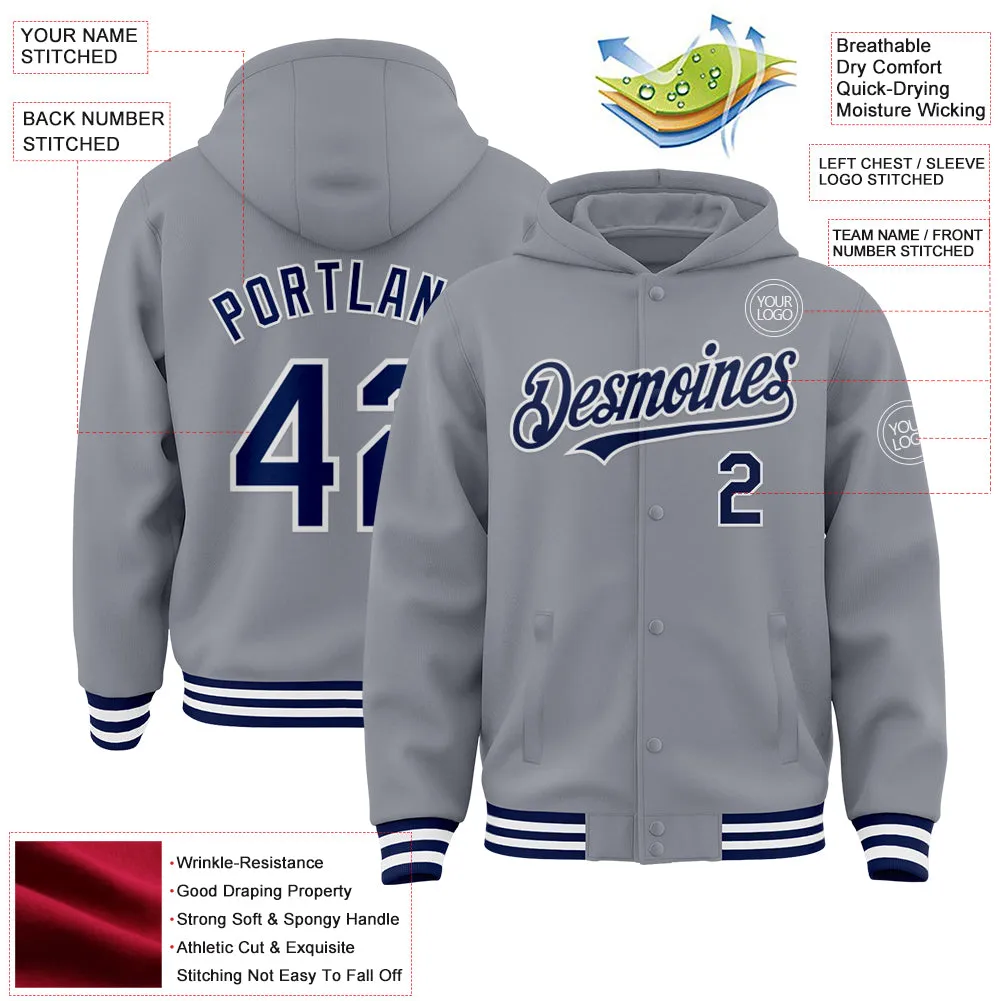 Custom Gray Navy-White Bomber Full-Snap Varsity Letterman Hoodie Jacket