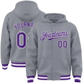 Custom Gray Purple-White Bomber Full-Snap Varsity Letterman Hoodie Jacket