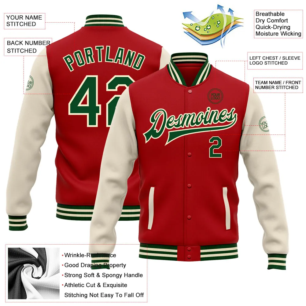 Custom Red Green-Cream Bomber Full-Snap Varsity Letterman Two Tone Jacket