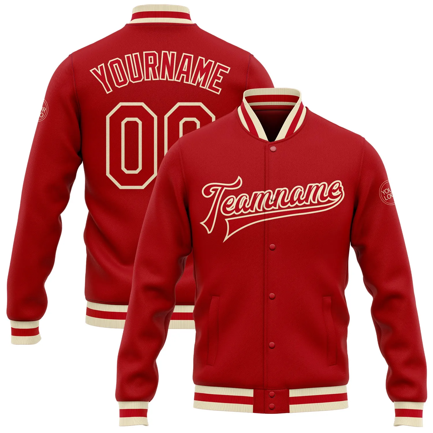 Custom Red Red-Cream Bomber Full-Snap Varsity Letterman Jacket