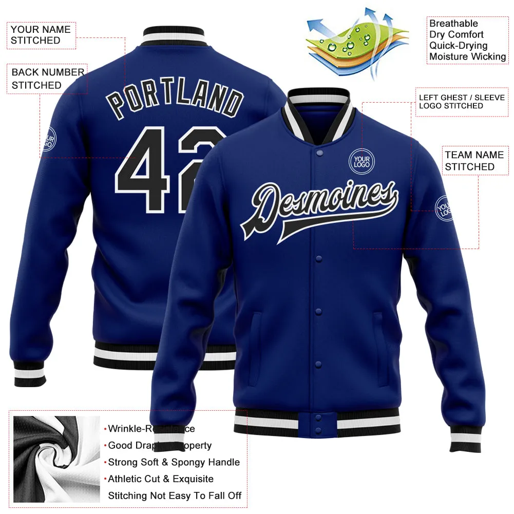 Custom Royal Black-White Bomber Full-Snap Varsity Letterman Jacket