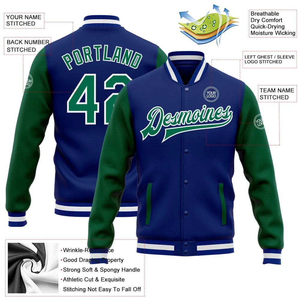 Custom Royal Kelly Green-White Bomber Full-Snap Varsity Letterman Two Tone Jacket