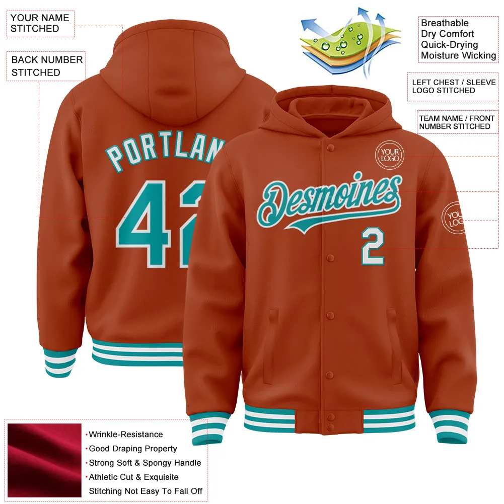 Custom Texas Orange Teal-White Bomber Full-Snap Varsity Letterman Hoodie Jacket