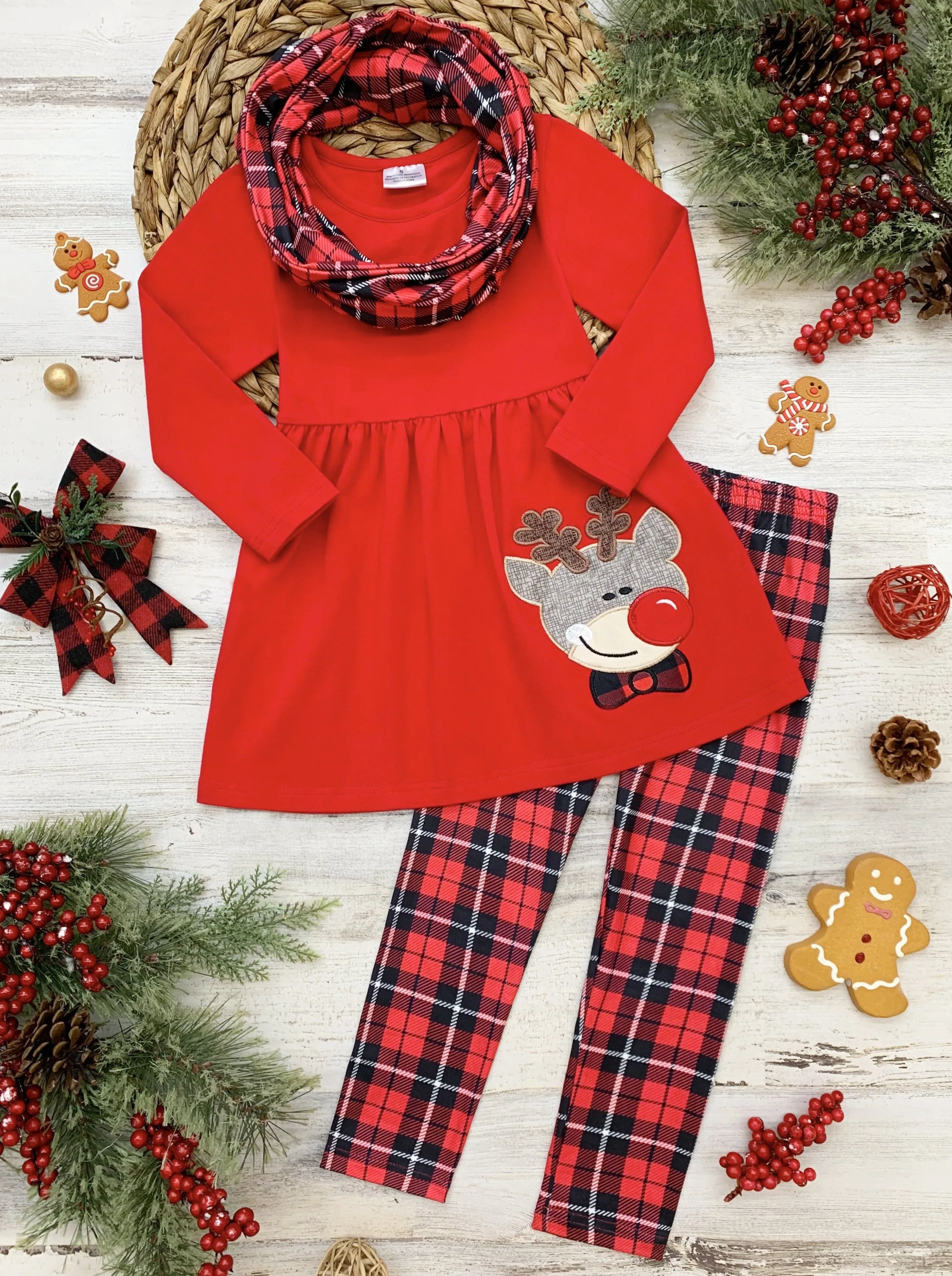 Cutest Reindeer Tunic, Plaid Scarf and Legging Set