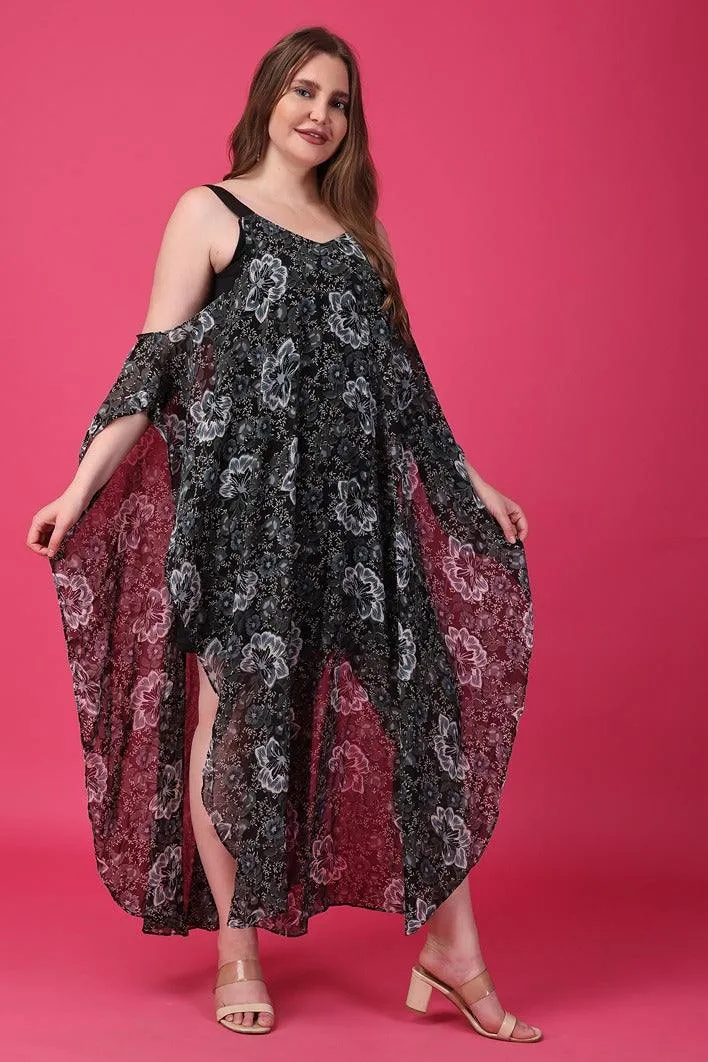 Dark Floral Printed Kaftan with Cold Shoulder Sleeves