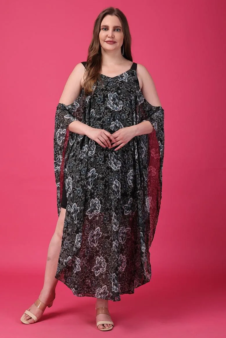 Dark Floral Printed Kaftan with Cold Shoulder Sleeves