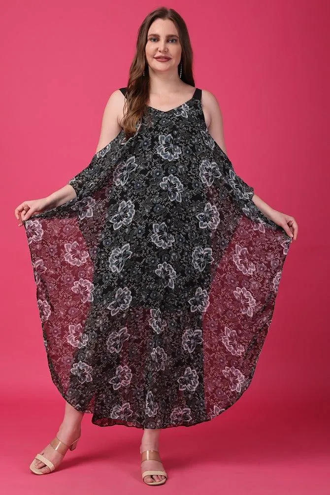 Dark Floral Printed Kaftan with Cold Shoulder Sleeves