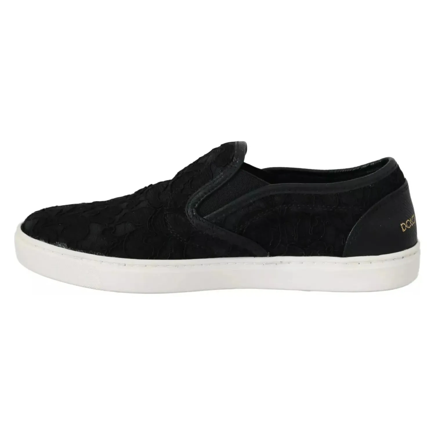 Dolce & Gabbana Black Lace Leather Logo Flat Slip-On Sneakers