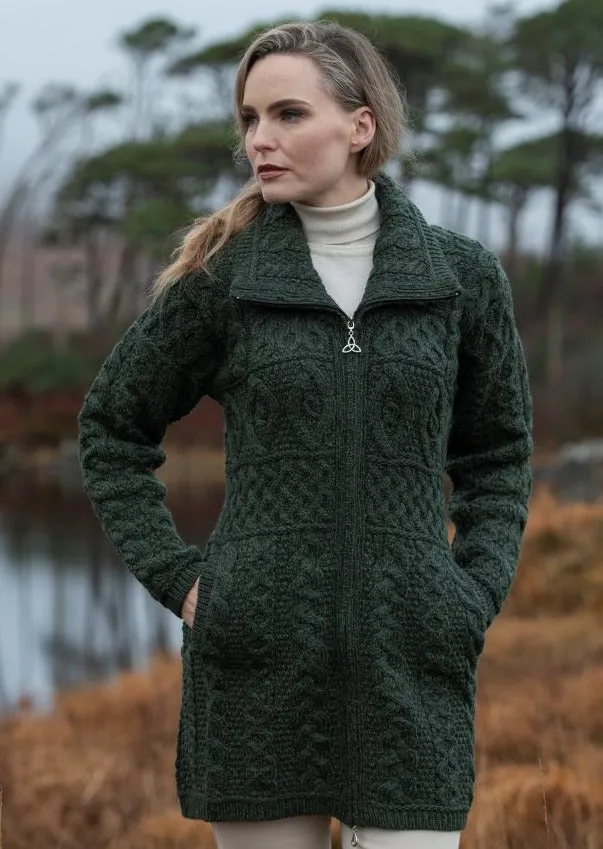 Double Collar Aran Sweater Coat | Green