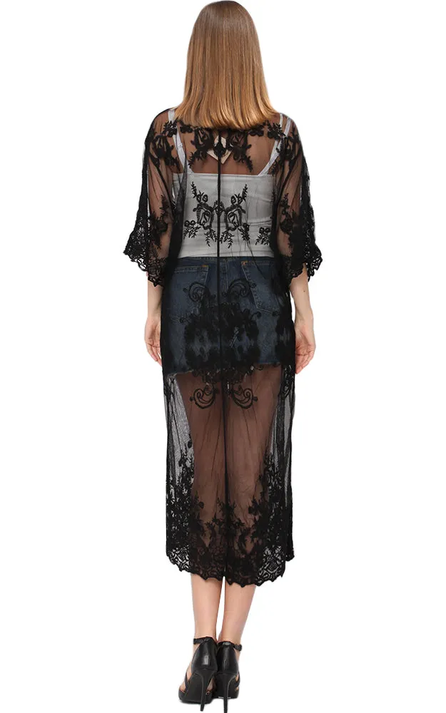 EAC9311 Lace Long Mesh Kimono