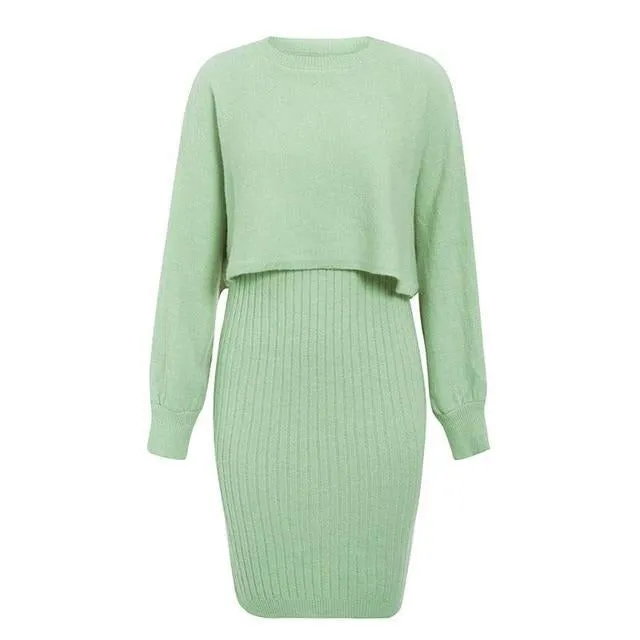 Elegant Two Pieces Knitted Solid Bodycon Sweater Winter Pullover Work Dress