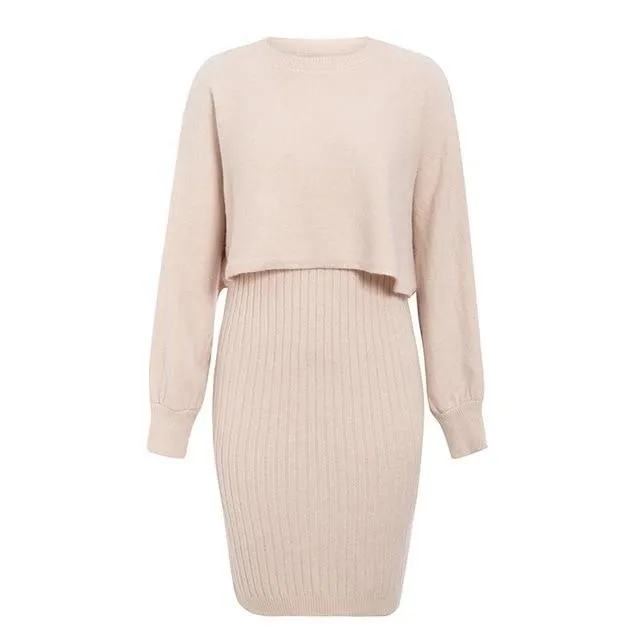 Elegant Two Pieces Knitted Solid Bodycon Sweater Winter Pullover Work Dress