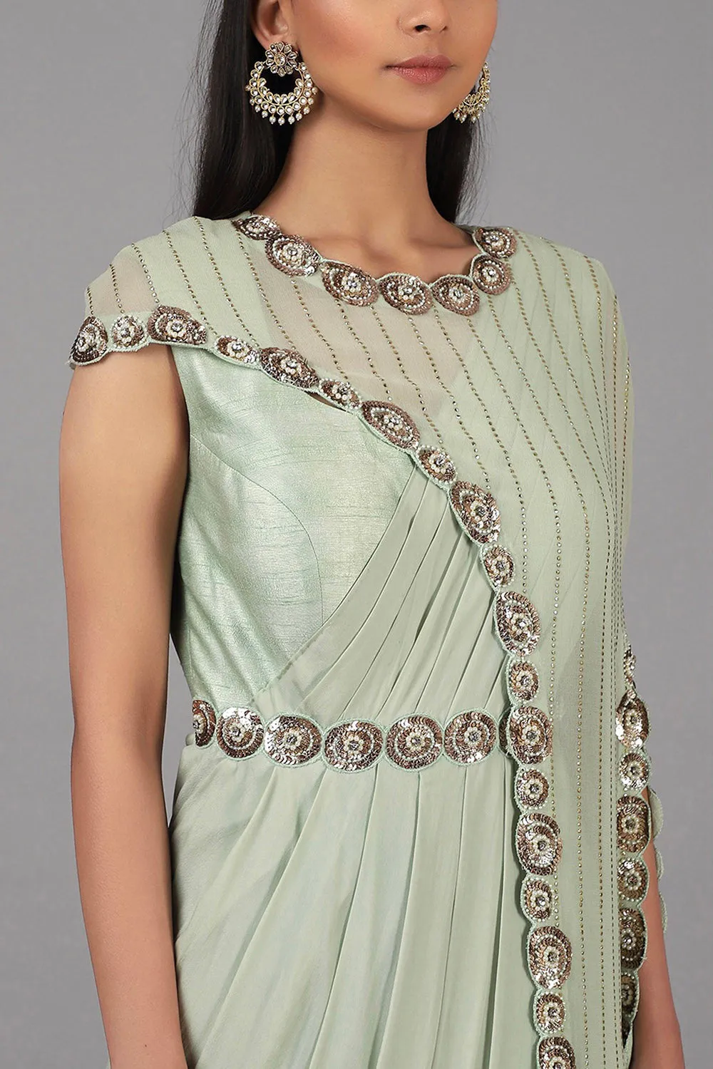 Embroidered Muted Green Saree Gown Set