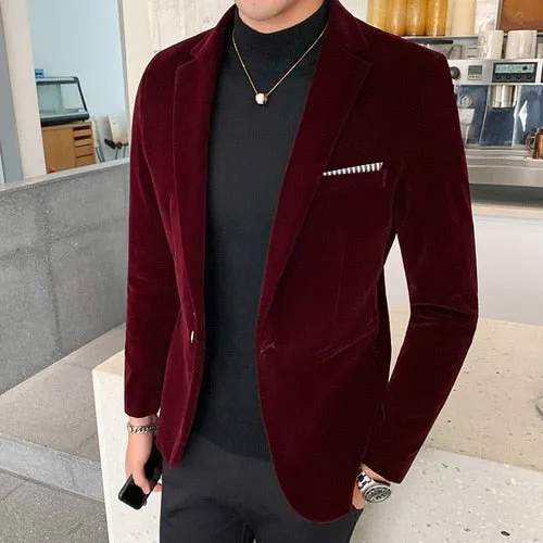 Fall Winter Gold Velvet Blazer High Quality Slim Fit Suit Jacket Fashion Casual Men Groom Singer Costume Formal Evening Dress