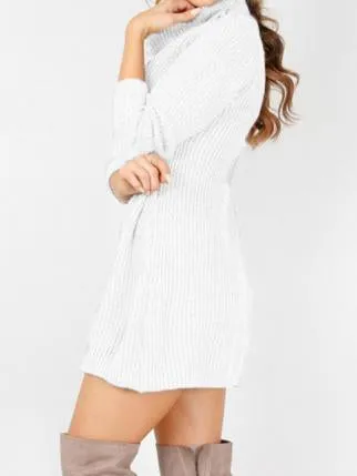 Fashion Long Sleeve Casual High Neck Striped Knit Sweater Dress