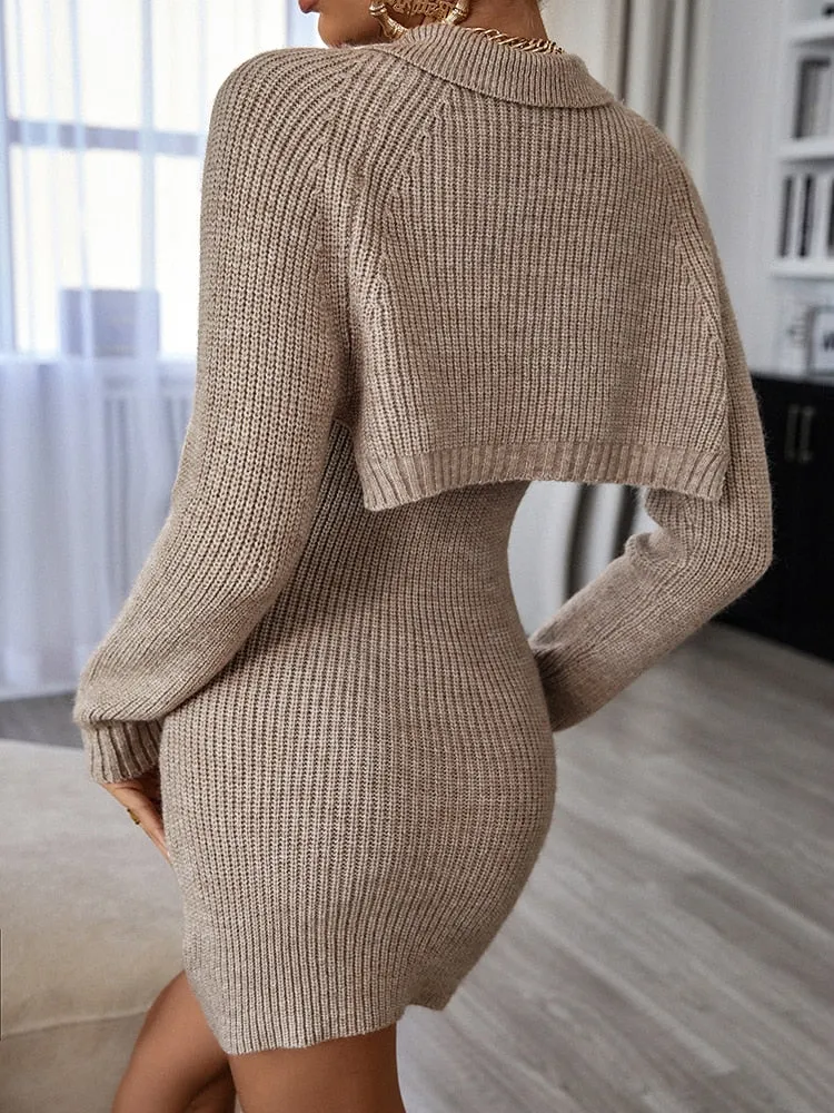 Fashionkova  Khaki Turn Down Collar Stretchy Knit Pullover Mini Sweater Dress & Cape 2 Piece Set Women Autumn Winter Slim Clothing