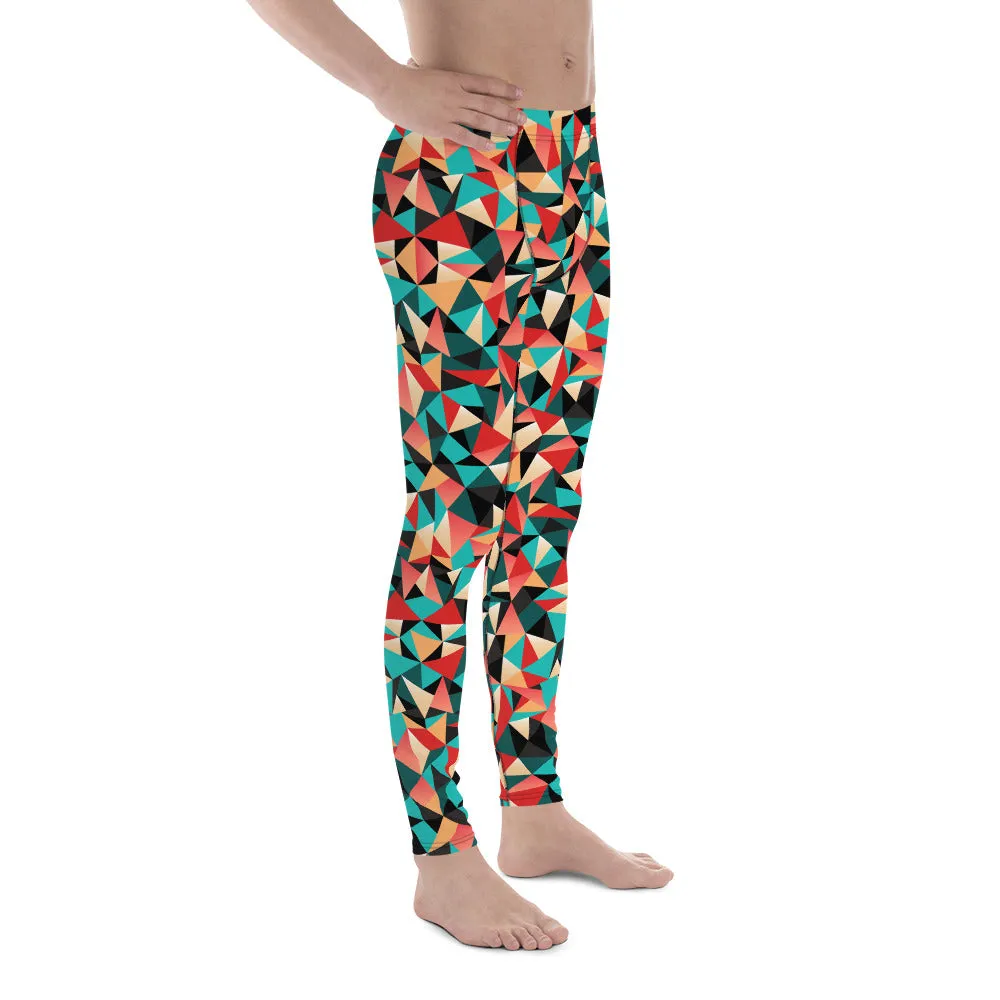 Festive Bright Triangular Geometric Multi Color Printed Men's Leggings-Made in USA/EU