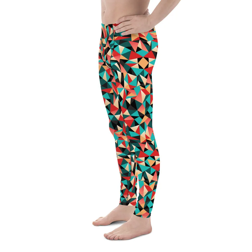 Festive Bright Triangular Geometric Multi Color Printed Men's Leggings-Made in USA/EU