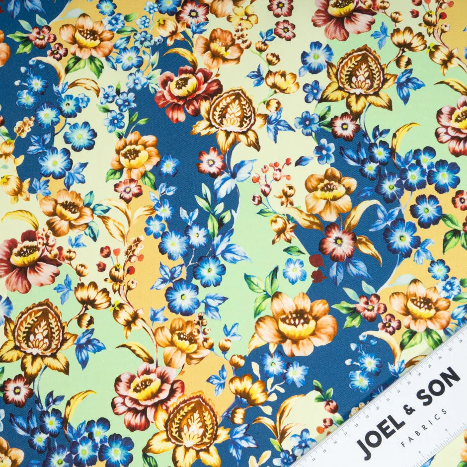 Floral Printed Mint, Blue & Yellow Cotton & Wool Blend