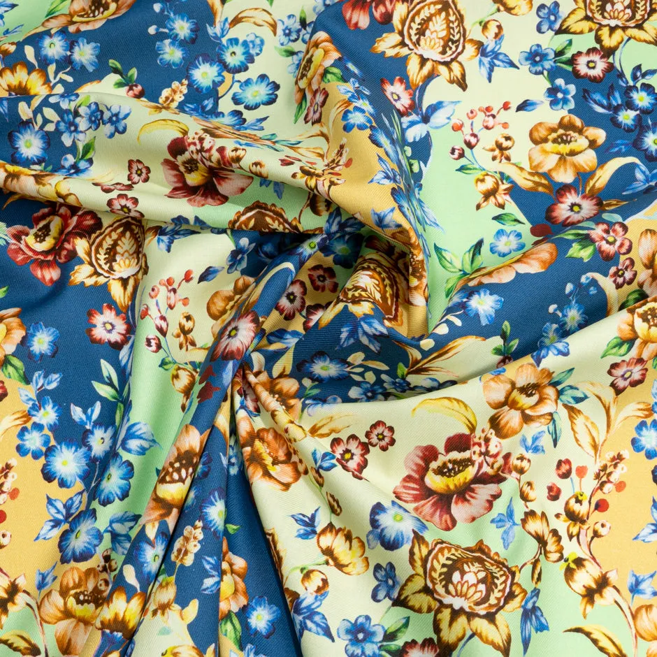 Floral Printed Mint, Blue & Yellow Cotton & Wool Blend