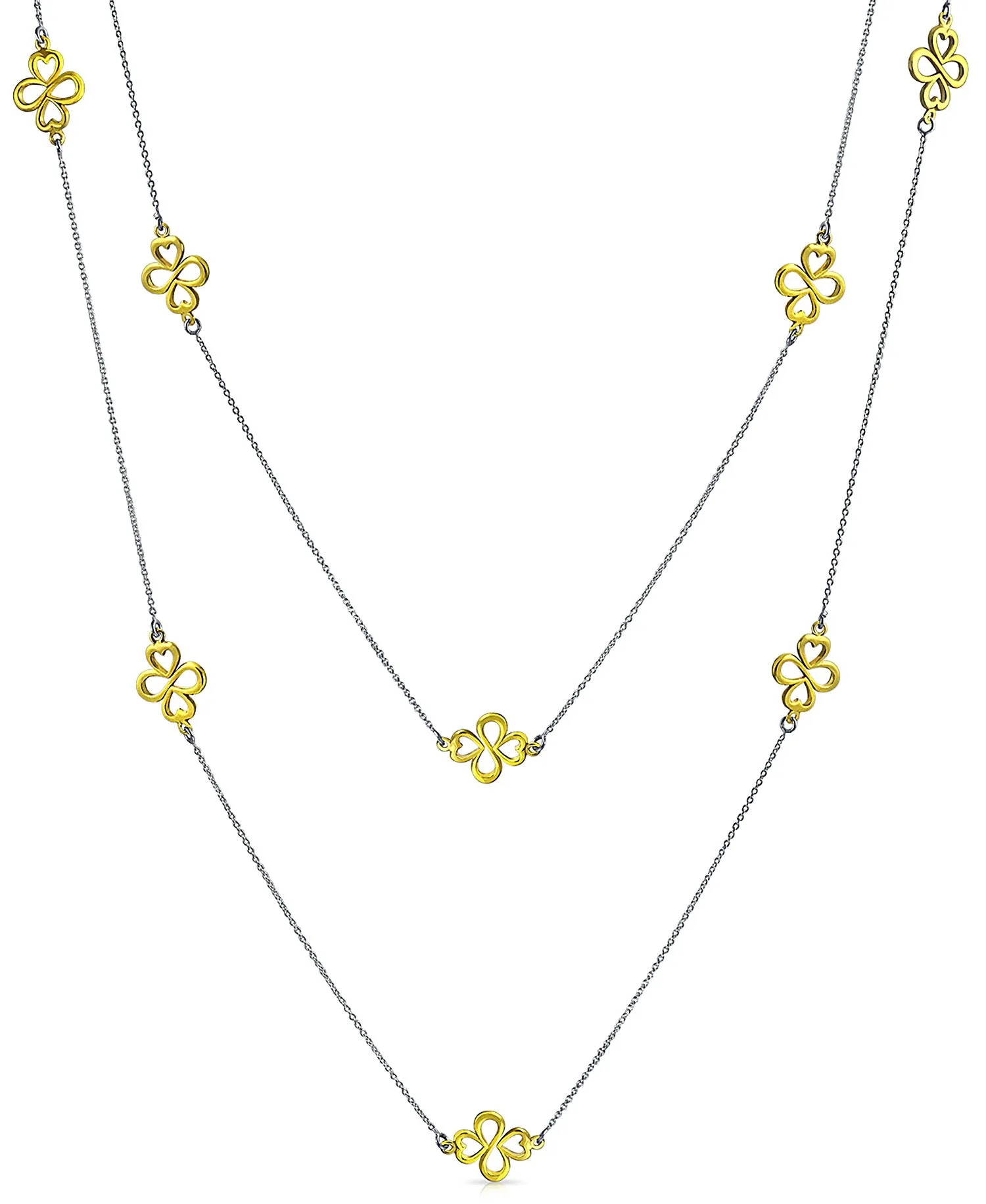 Flower Gold Plated Crystal Chain Wrap Layer Long Clover Necklace 36"