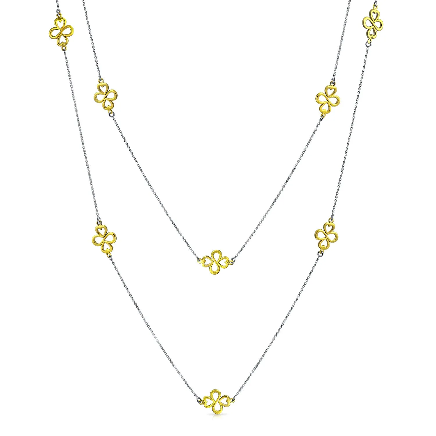 Flower Gold Plated Crystal Chain Wrap Layer Long Clover Necklace 36"