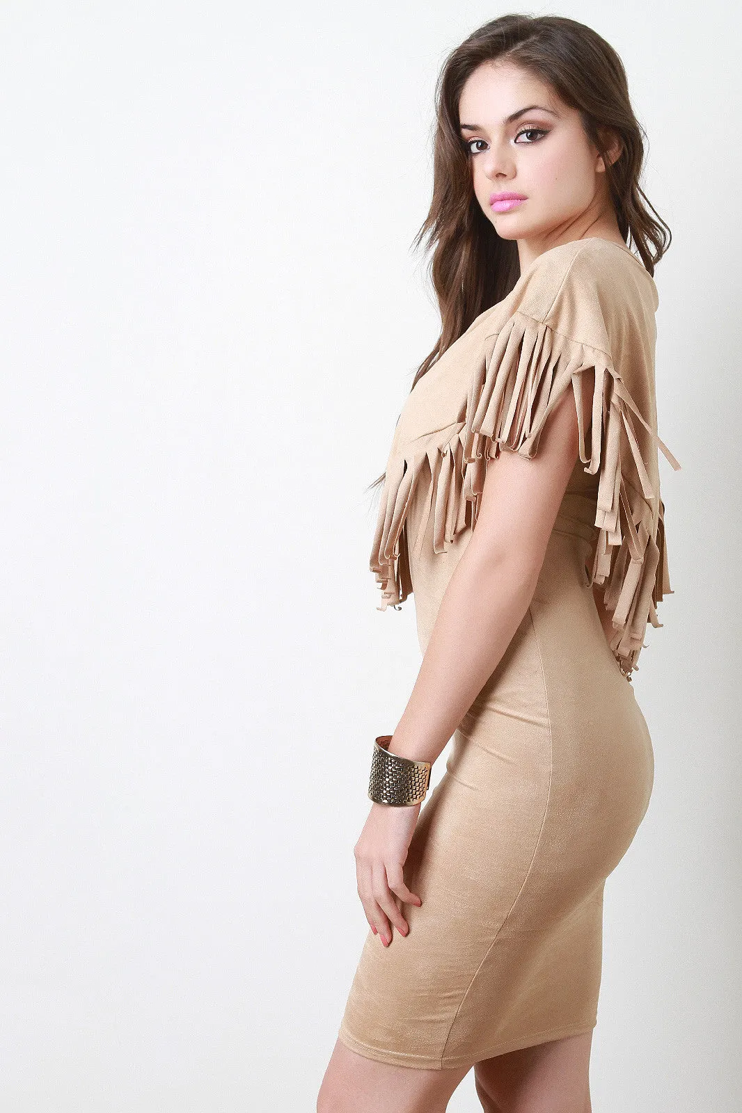 Fringe Cape Vegan Suede Dress