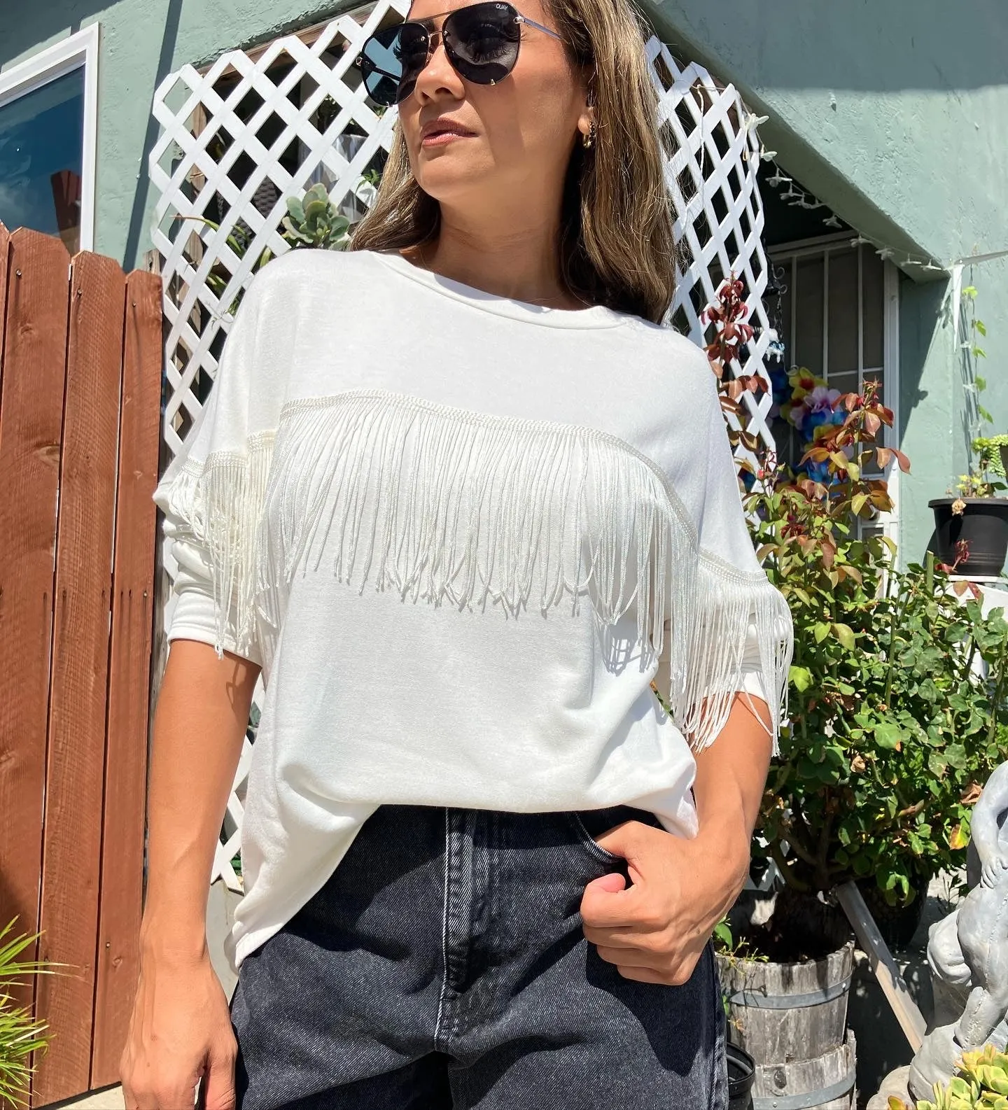 Fringe Trim Long Sleeve Blouse Top