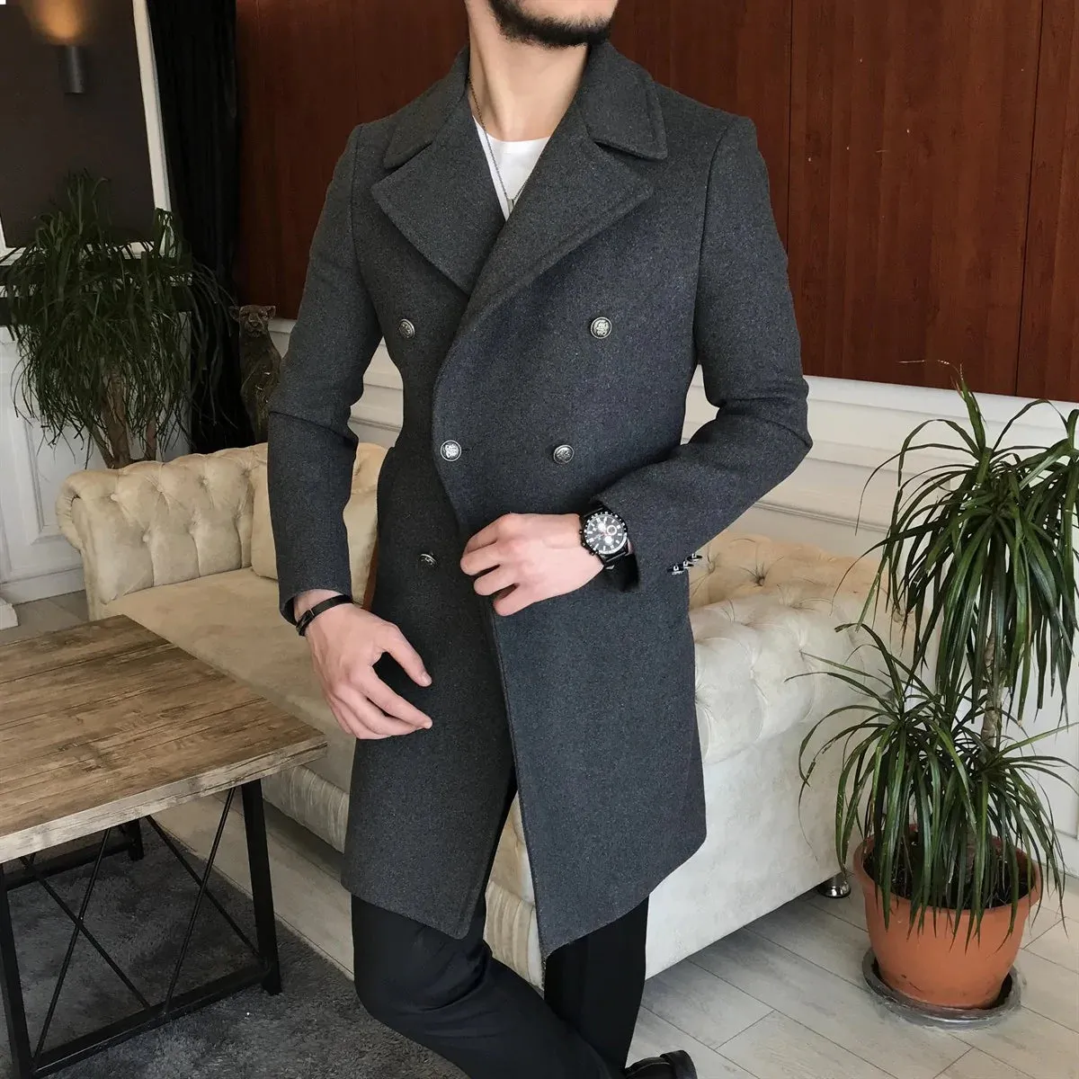 Frost Slim Fit Dark Grey Double Breasted Wool Coat by Italian Vega®