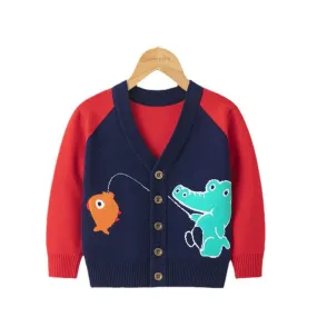 Full Sleeve Cute Alligator Theme Boys Cardigan, Mulitcolours