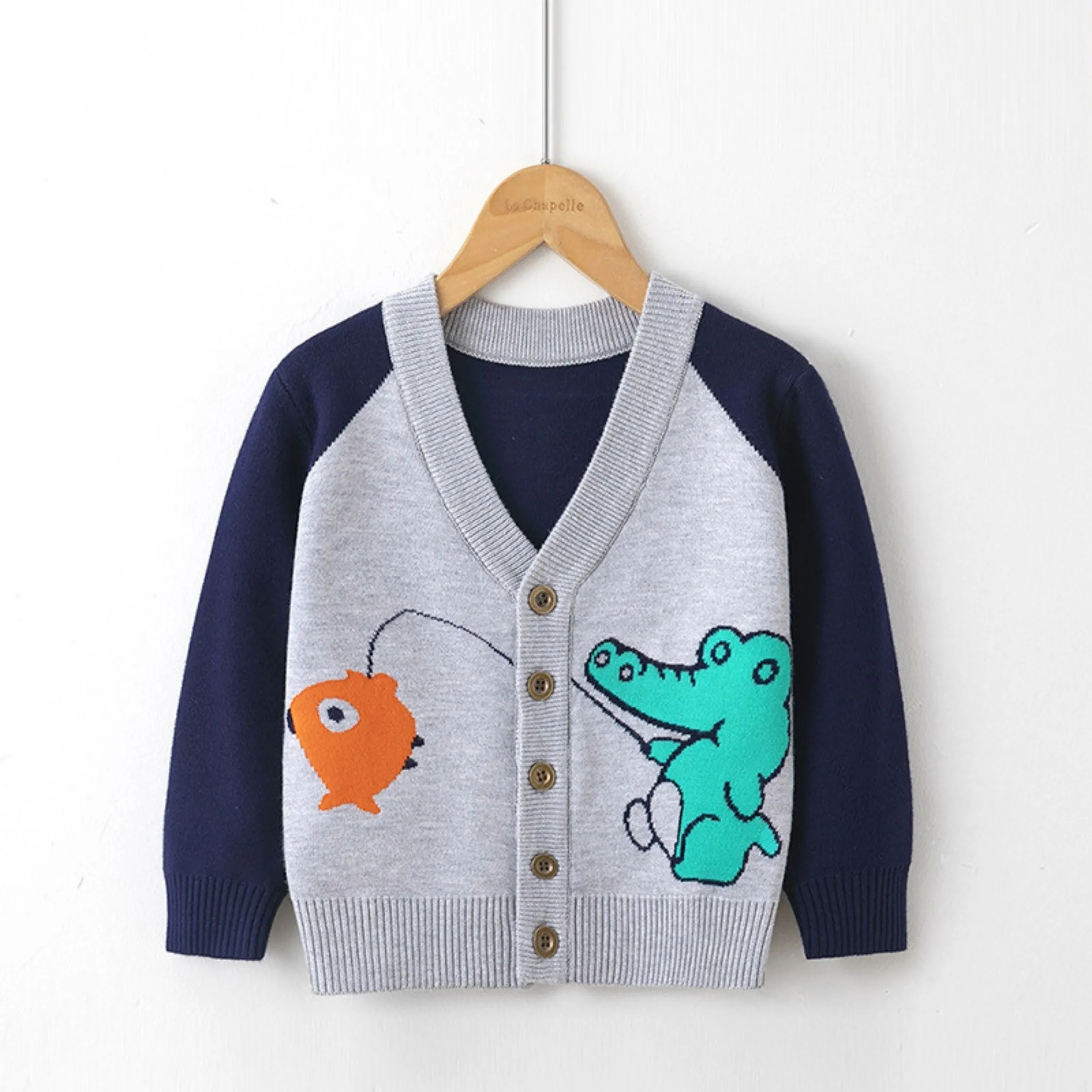 Full Sleeve Cute Alligator Theme Boys Cardigan, Mulitcolours