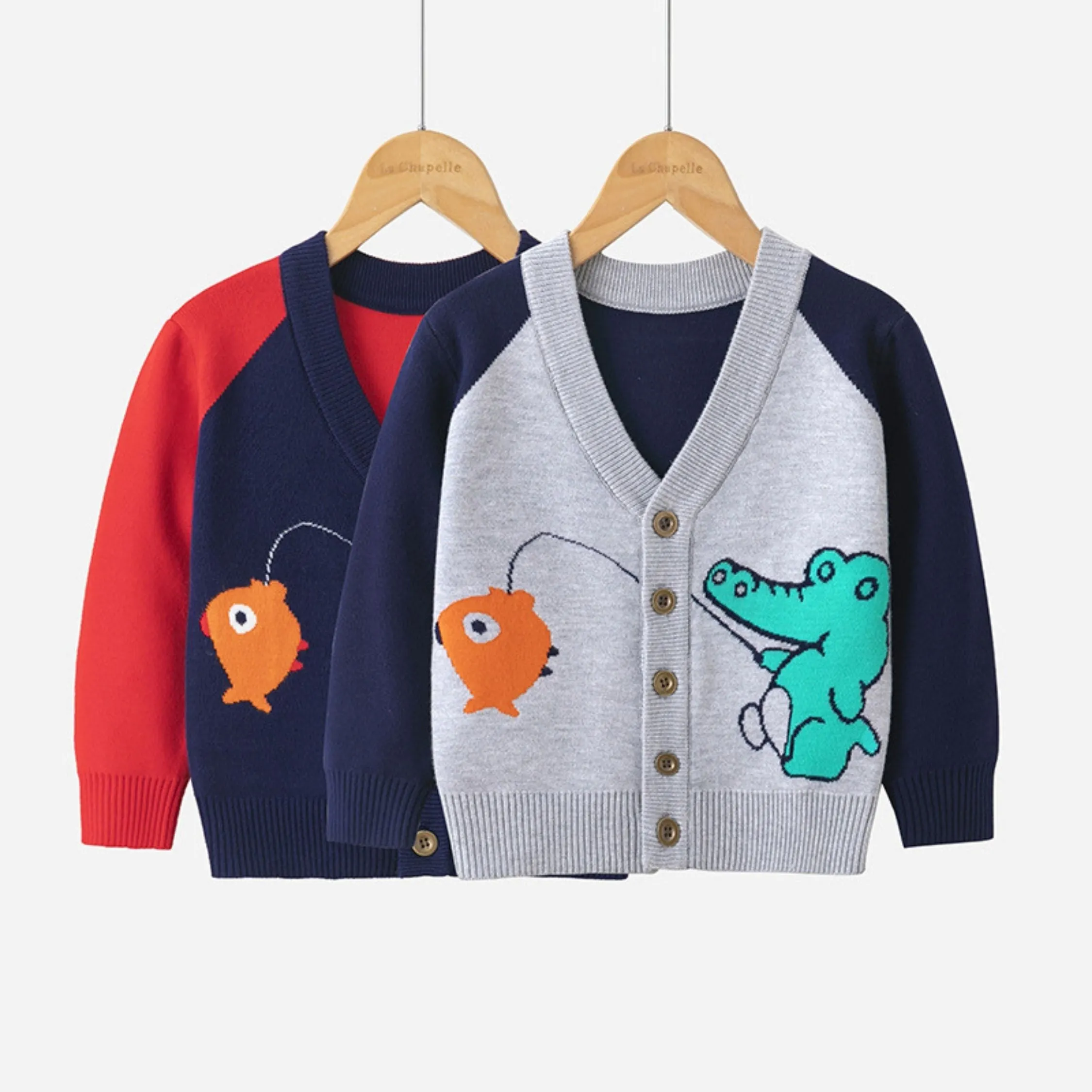 Full Sleeve Cute Alligator Theme Boys Cardigan, Mulitcolours