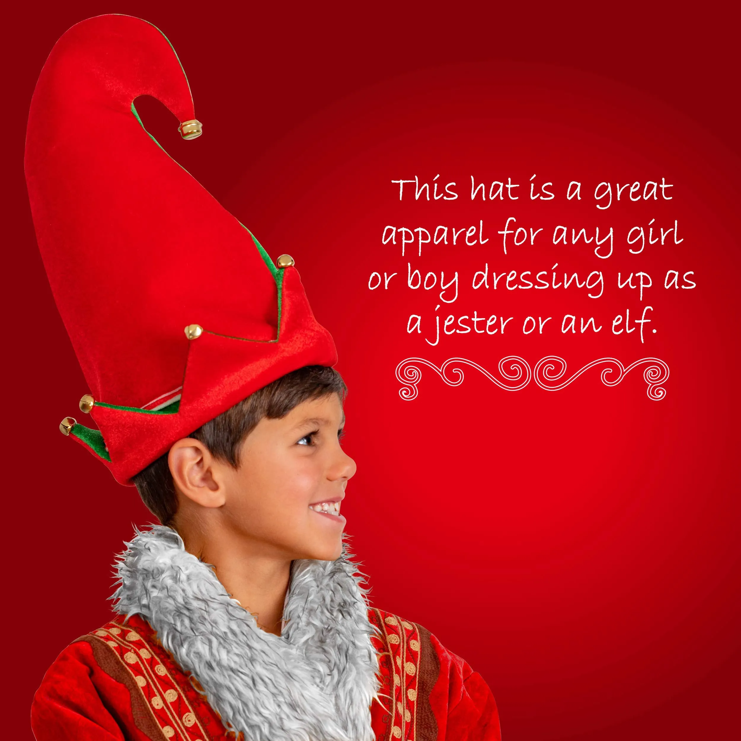 Funny Christmas Elf Hat - Red and Green Jolly Velvet Holiday Elven Novelty Costume Hats with Jingle Bell Designs